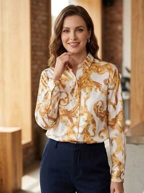 Womens Gold Baroque Print Button‑Down Blouse